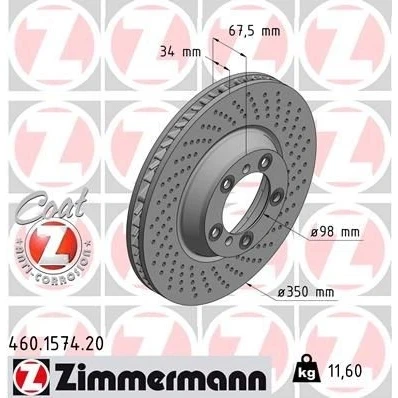 Kuva ZIMMERMANN COAT Z 460.1574.20 Jarrulevyt 350 34 7/5 5 130 tuuletettu sisältä, reijitetty pinnoitettu hiiliteräs PORSCHE: 911 Coupe
