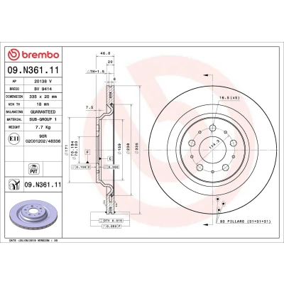 Kuva BREMBO 09.N361.11 Jarrulevyt 335 20 5 tuuletettu sisältä pinnoitettu