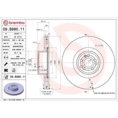 Kuva BREMBO Jarrulevy MERCEDES BENZ: S sarja Sedan 400mm 36mm 5 tuuletettu sisältä pinnoitettu hiiliteräs 09.B980.11 A2224210812,2224210812 Jarrulevyt