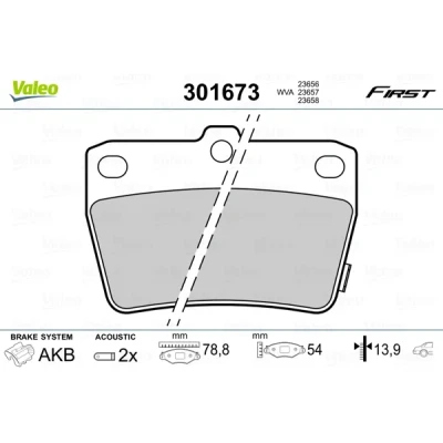 Kuva VALEO 301673 Jarrupalat FIRST Taka akseli Sis. kulumisenilmaisimen ilman huudonvaimennuspeltiä TOYOTA: RAV4 II SUV, I SUV