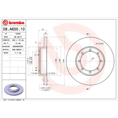Kuva BREMBO 08.A650.10 Jarrulevyt 302 18 8 täysi RENAULT: MASTER 3 Kasten, 3, OPEL: Movano B Van, NISSAN: NV400 Van