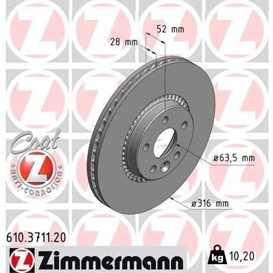 Kuva ZIMMERMANN COAT Z 610.3711.20 Jarrulevyt 316 28 6/5 5 108 Tuuletettu, ulko pinnoitettu VOLVO: V60 I, V70 3, XC70 II Farmari, FORD: S Max Mk1