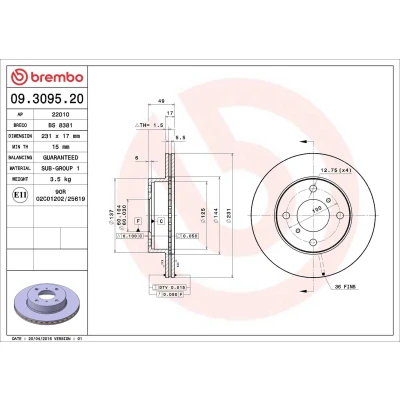 Kuva BREMBO 09.3095.20 Jarrulevyt 231 17 4 tuuletettu sisältä