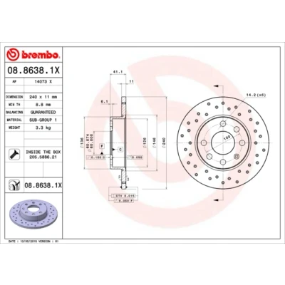 Kuva BREMBO XTRA LINE 08.8638.1X Jarrulevyt 240 11 4 täysi, reijitetty pinnoitettu Ruuveilla OPEL: Corsa C Hatchback