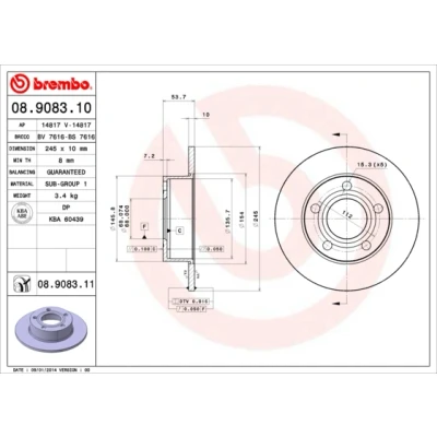 Kuva BREMBO COATED DISC LINE 08.9083.11 Jarrulevyt 245 10 5 täysi pinnoitettu AUDI: A6 C5 Avant, Sedan