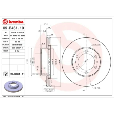 Kuva BREMBO COATED DISC LINE 09.B461.11 Jarrulevyt 319 28 6 tuuletettu sisältä pinnoitettu TOYOTA: Land Cruiser Prado 120, Hilux VIII Pick up