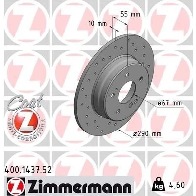 Kuva ZIMMERMANN SPORT COAT Z 400.1437.52 Jarrulevyt 290 10 7/5 5 112 täysi, reijitetty pinnoitettu MERCEDES BENZ: C sarja T modell, Sedan