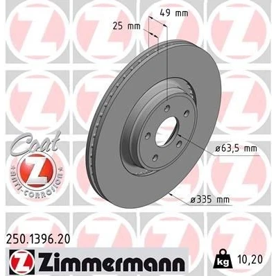 Kuva ZIMMERMANN 250.1396.20 Jarrulevyt 335 25 5/5 5 108 Tuuletettu, ulko pinnoitettu FORD: FOCUS 3 Turnier,