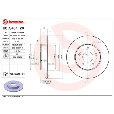 Kuva BREMBO COATED DISC LINE 08.9461.21 Jarrulevyt 278 10 5 täysi pinnoitettu NISSAN: Primera Hatchback, Farmari, Almera Tino