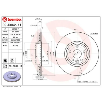 Kuva BREMBO 09.D062.11 Jarrulevyt 316 28 5 tuuletettu sisältä pinnoitettu hiiliteräs JAGUAR: