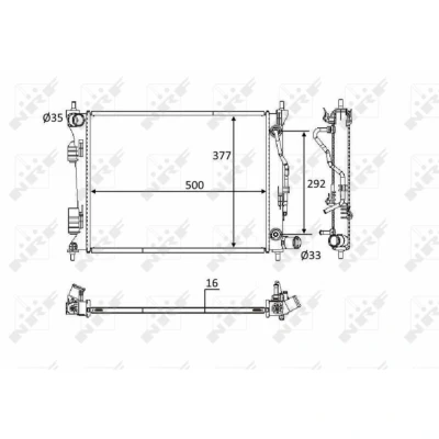 Kuva NRF 58556 Jäähdytin Alumiini 500 380 16 Jäähdytysrivat juotetut KIA: Rio 3, III Van / Hatchback