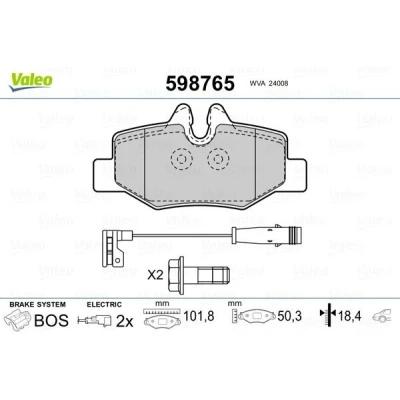 Kuva VALEO 598765 Jarrupalat Taka akseli Sis. kulumisenilmaisimen varmistusruuvisarjalla, Huudonvaimennuspellillä MERCEDES BENZ: Vito Bussi, Mixto