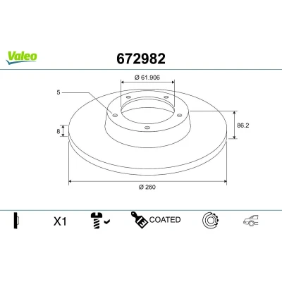 Kuva VALEO Jarrulevy RENAULT: Megane 4, 4 Taka akseli 260mm 8mm 5 aukko täysi pinnoitettu 672982 432000185R,432006609R,432027412R Jarrulevyt