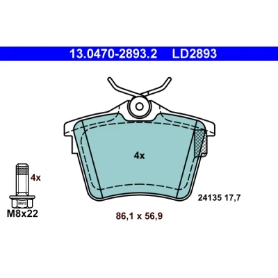 Kuva ATE Ceramic 13.0470 2893.2 Jarrupalat Ilman kulumisenilmaisinta Jarrusatulan ruuveilla PEUGEOT: 407 SW, Sedan, 607 CITROËN: C5 III Farmari