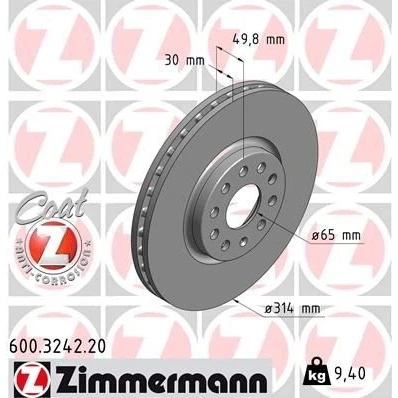 Kuva ZIMMERMANN COAT Z 600.3242.20 Jarrulevyt 314 30 10/5 5 112 tuuletettu sisältä pinnoitettu hiiliteräs VOLKSWAGEN: Touran I, Tiguan II, Sharan II