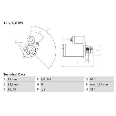 Kuva BOSCH 0 986 022 601 Starttimoottori 12V 0,8kW 8 50, 30 rechts 75mm HYUNDAI: Getz
