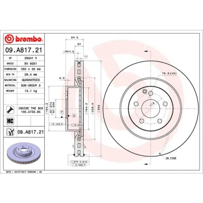 Kuva BREMBO COATED DISC LINE 09.A817.21 Jarrulevyt 350 32 5 tuuletettu sisältä pinnoitettu hiiliteräs Ruuveilla MERCEDES BENZ: E sarja Sedan
