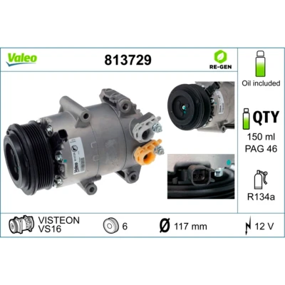 Kuva VALEO 813729 Ilmastoinnin Kompressori VS16 12 PAG 46 R 134a kompressoriöljyllä FORD: FOCUS 3 Turnier