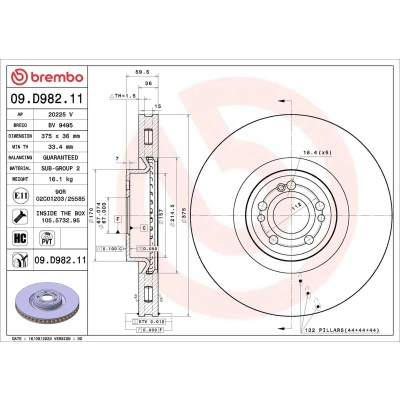 Kuva BREMBO 09.D982.11 Jarrulevyt 375 36 5 tuuletettu sisältä pinnoitettu hiiliteräs Ruuveilla