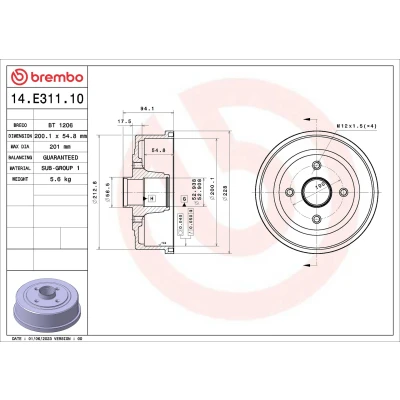 Kuva BREMBO 14.E311.10 Jarrurumpu Pyöränlaakersarjalla 200,1