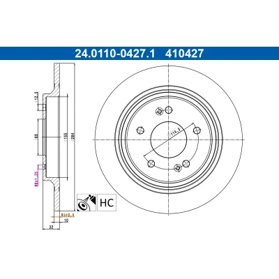 Kuva ATE Jarrulevy HYUNDAI: Kona SUV 284,0mm 10,0mm 5 114,3mm täysi pinnoitettu hiiliteräs 24.0110 0427.1 58411J9500 Jarrulevyt