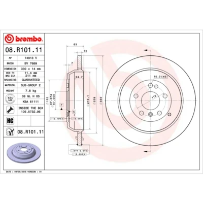 Kuva BREMBO COATED DISC LINE 08.R101.11 Jarrulevyt 330 14 5 täysi pinnoitettu hiiliteräs Ruuveilla MERCEDES BENZ: ML sarja, R sarja