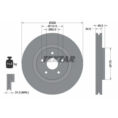 Kuva TEXTAR Jarrulevy LEXUS: RX IV, TOYOTA: RAV4 V 328mm 34mm 05/07 114,3mm Tuuletettu, ulko pinnoitettu hiiliteräs 92349505 4351248140 Jarrulevyt