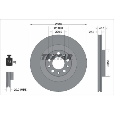 Kuva TEXTAR Jarrulevy ALFA ROMEO: Giulia Sedan 320mm 22mm 05/10 110mm tuuletettu sisältä pinnoitettu 92337803 50532946,50546509,50554319 Jarrulevyt