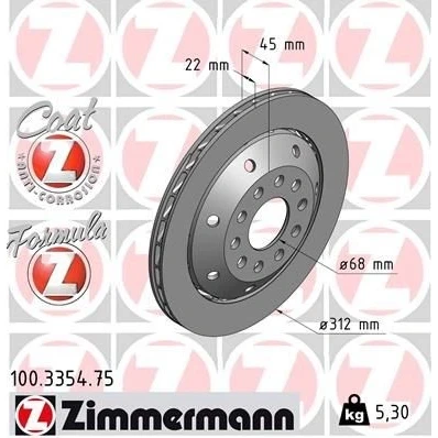 Kuva ZIMMERMANN FORMULA Z COAT 100.3354.75 Jarrulevyt 312 22 10/5 5 112 Tuuletettu, kaksiosainen jarrulevy pinnoitettu Seostettu / hiilletty