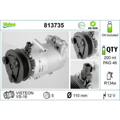 Kuva VALEO 813735 Ilmastoinnin Kompressori VS16 12 PAG 46 R 134a kompressoriöljyllä REMANUFACTURED VOLVO: V50, S40 II, FORD: Focus 2