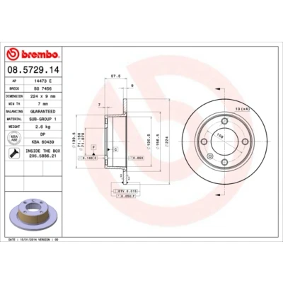 Kuva BREMBO 08.5729.14 Jarrulevyt 224 9 4 täysi Ruuveilla