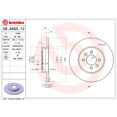 Kuva BREMBO 08.9465.10 Jarrulevyt 280 12 4 täysi RENAULT: Kangoo I Express