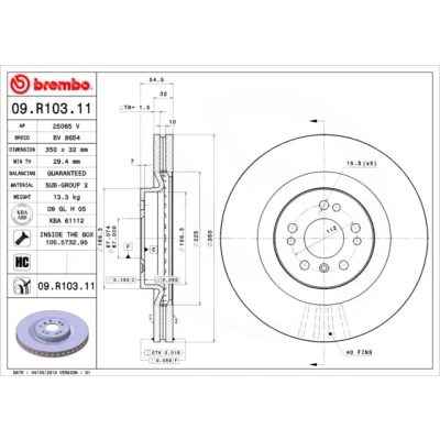 Kuva BREMBO COATED DISC LINE 09.R103.11 Jarrulevyt 350 32 5 tuuletettu sisältä pinnoitettu hiiliteräs Ruuveilla MERCEDES BENZ: ML sarja, R GL