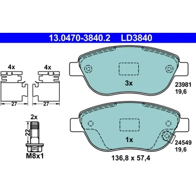 Kuva ATE Ceramic 13.0470 3840.2 Jarrupalat akustisella kulumavaroittimella Jarrusatulan ruuveilla Tarvikkeilla OPEL: Corsa D Hatchback, FIAT: 500L