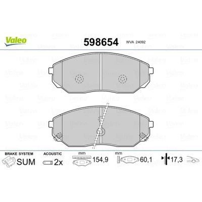 Kuva VALEO 598654 Jarrupalat Etuakseli Sis. kulumisenilmaisimen ilman huudonvaimennuspeltiä KIA: SORENTO 1