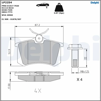Kuva DELPHI LP2254 Jarrupalat Ei kulumisenilmaisimelle Huudonvaimennuspellillä Tarvikkeilla VOLKSWAGEN: Golf 7 Variant, 7, 5