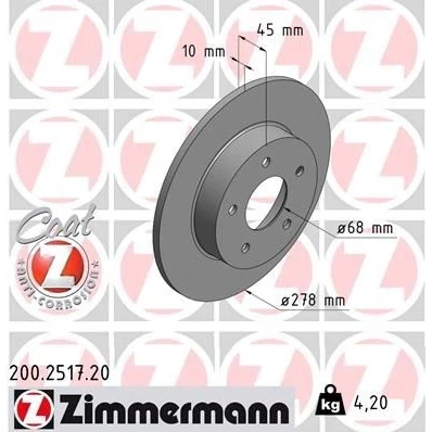 Kuva ZIMMERMANN COAT Z 200.2517.20 Jarrulevyt 278 10 5/5 5 114 täysi pinnoitettu NISSAN: Primera Hatchback, Farmari, Almera Tino