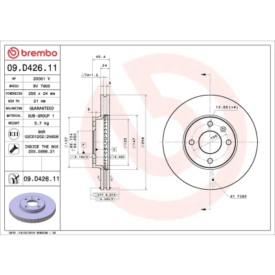 Kuva BREMBO 09.D426.11 Jarrulevyt 256 24 4 tuuletettu sisältä pinnoitettu Ruuveilla