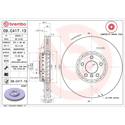 Kuva BREMBO TWO PIECE DISCS LINE 09.C417.13 Jarrulevyt 374 36 5 kaksiosainen jarrulevy, tuuletettu sisältä pinnoitettu hiiliteräs Ruuveilla BMW: 7, GT