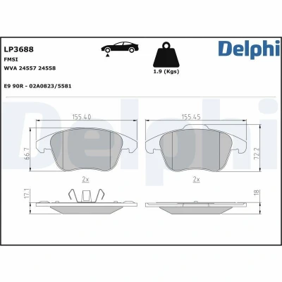 Kuva DELPHI LP3688 Jarrupalat Ei kulumisenilmaisimelle Huudonvaimennuspellillä Ilman tarvikkeita
