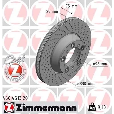 Kuva ZIMMERMANN Jarrulevy 28mm 10/5 5 aukko 130mm tuuletettu sisältä, reijitetty pinnoitettu 460.4513.20 99135240401,9P1615602 Jarrulevyt