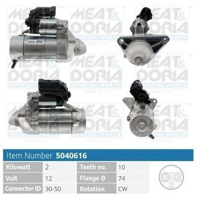 Kuva MEAT &amp; DORIA 5040616 Starttimoottori 12V 2kW 10 30 50 74mm TOYOTA: Yaris II Hatchback