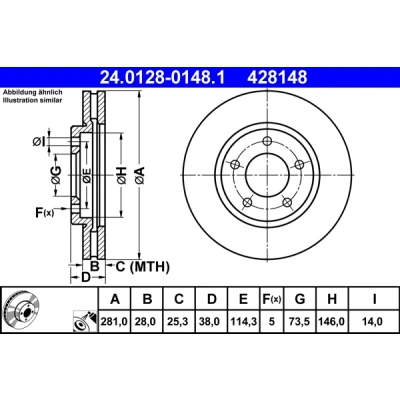 Kuva ATE 24.0128 0148.1 Jarrulevyt 281,0 28,0 5 114,3 Tuuletettu pinnoitettu CHRYSLER: VOYAGER 4