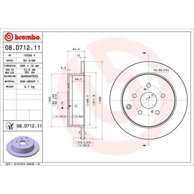 Kuva BREMBO 08.D712.11 Jarrulevyt 298 12 5 täysi pinnoitettu TOYOTA: Alphard / Vellfire II