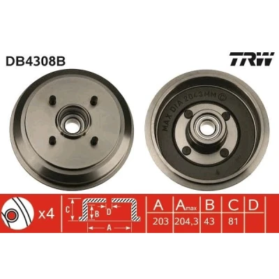 Kuva TRW DB4308B Jarrurumpu laakerilla, ilman ABS sensorirengasta 223 FORD: FIESTA 5, 5 Van, Fusion Farmari, MAZDA: 2 Hatchback