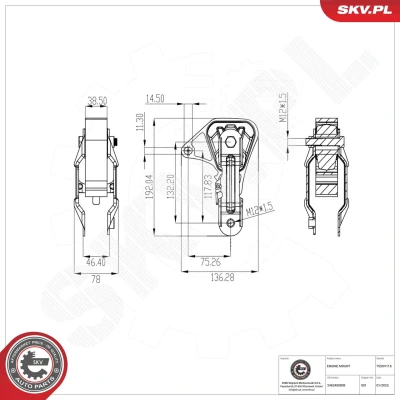 Kuva ESEN SKV 75SKV116 Moottorin Kumityyny Takana Kumimetallilaakeri Alumiini, Kumi 192mm 78mm