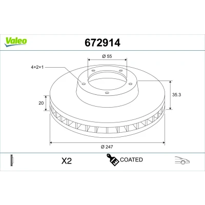 Kuva VALEO Jarrulevy TOYOTA: Aygo, PEUGEOT: 107 Hatchback, 108 CITROËN: C1 II Etuakseli 247mm 20mm 4 aukko Tuuletettu pinnoitettu 672914