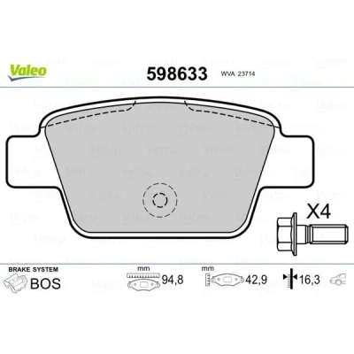 Kuva VALEO 598633 Jarrupalat Taka akseli Ilman kulumisenilmaisinta varmistusruuvisarjalla, Huudonvaimennuspellillä FIAT: BRAVO 2, Stilo Multi Wagon