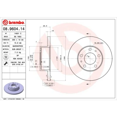 Kuva BREMBO 08.9604.14 Jarrulevyt 280 18 5 täysi Ruuveilla