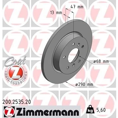Kuva ZIMMERMANN COAT Z 200.2535.20 Jarrulevyt 290 13 7/5 5 114 täysi pinnoitettu NISSAN: Qashqai 2, RENAULT: Kadjar